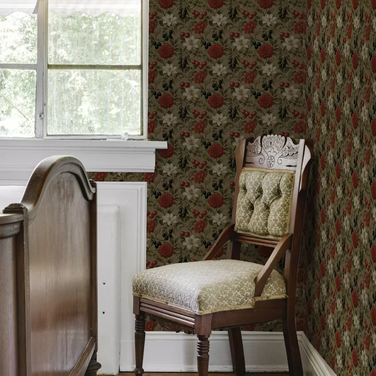 Tapete Kirschen, Blumen und schwarze Oliven a00384