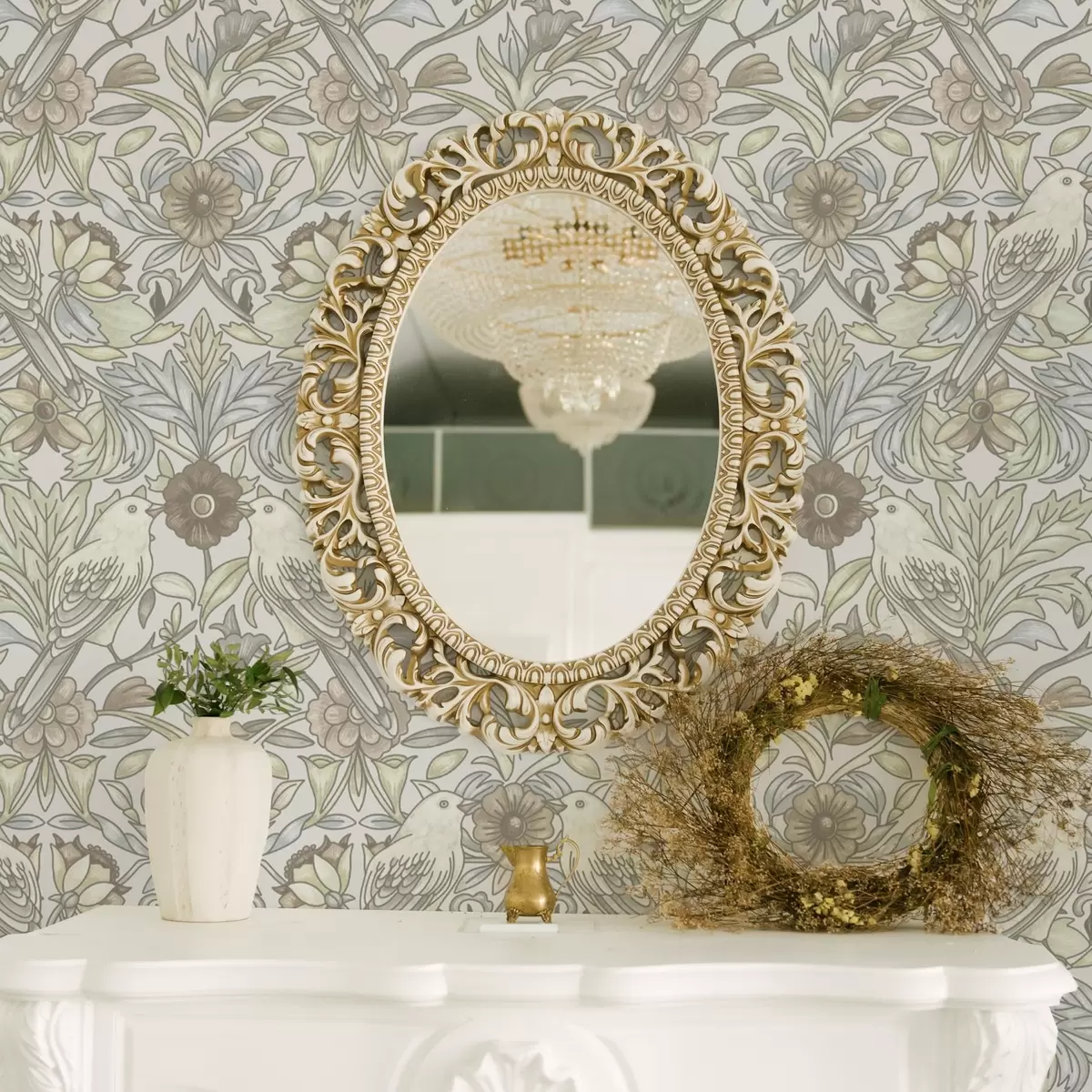 Tapete Vögel im Jugendstil und stilisierte Blumen in Pastell a00385