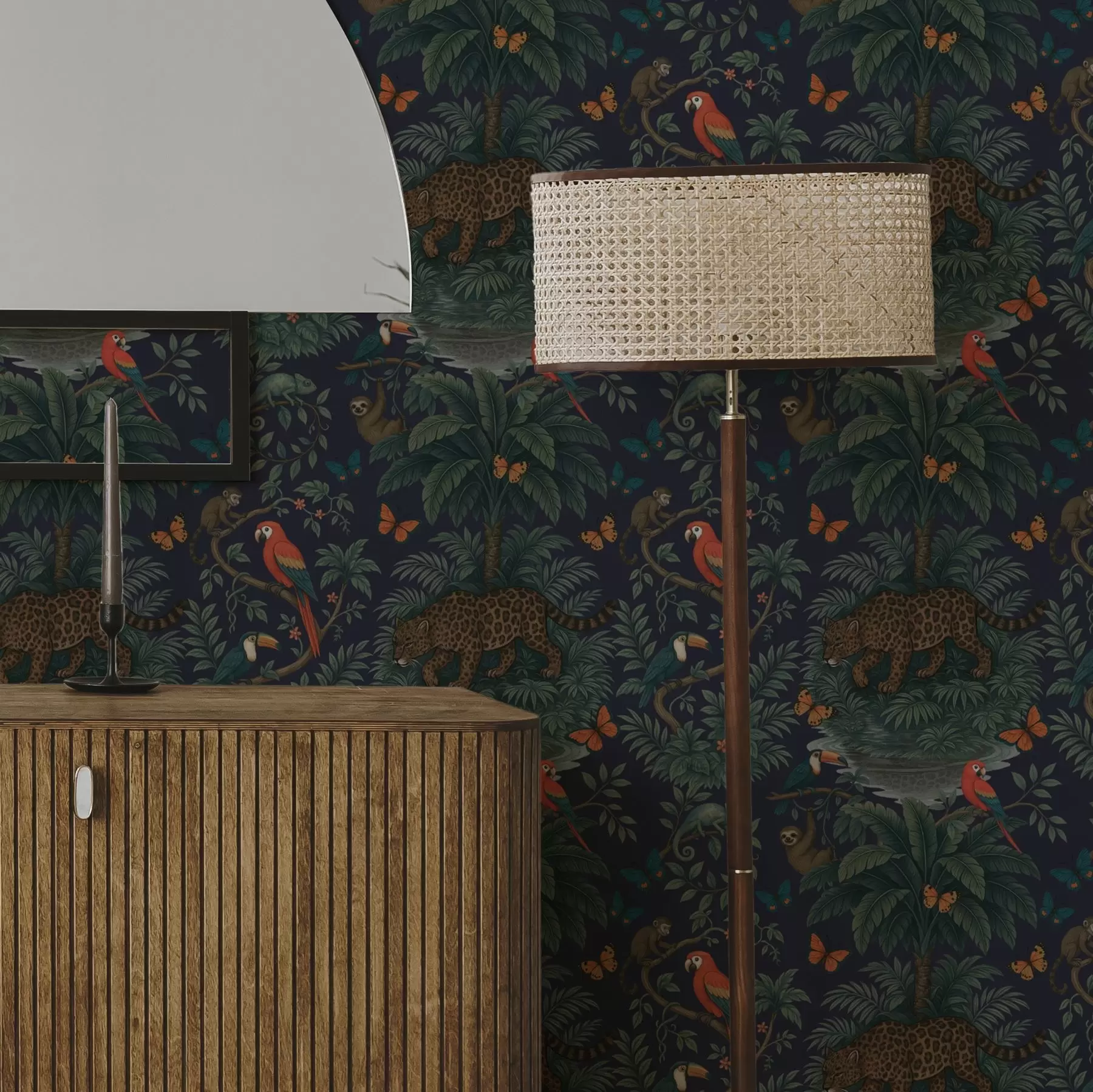 Fototapete Tropischer Dschungel mit Leoparden, Leoparden, Papageien und Schmetterlingen a00388