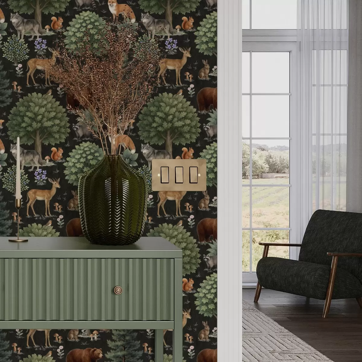 Tapete Aquarell Waldtiere mit Bäumen und Pilzen a00391