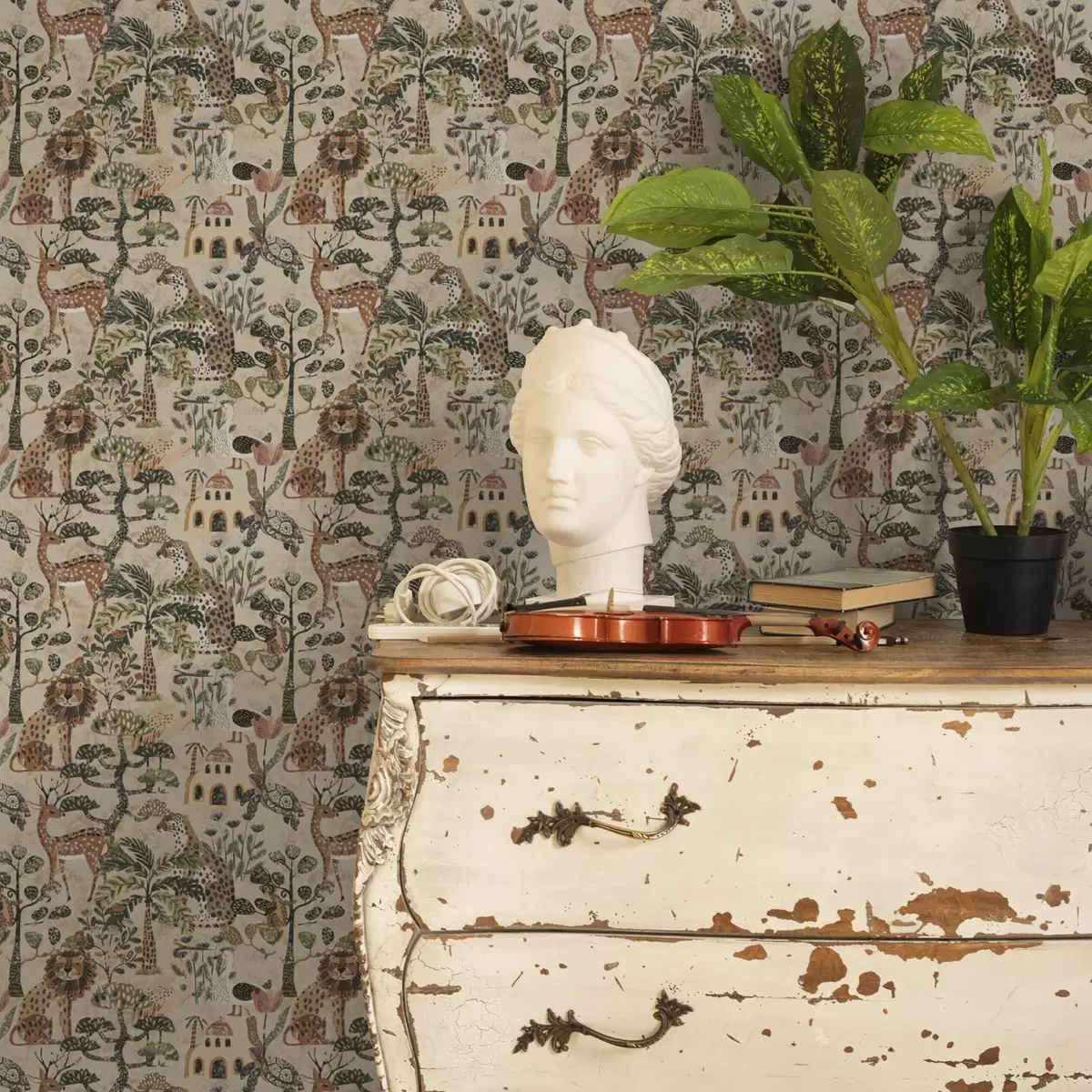 Tapete Safari-Tiere und Savannenblätter in warmen Erdtönen a00392