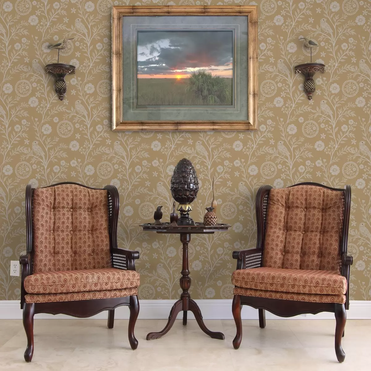 Tapete Zarte Skizze eines weißen Vogels und einer Blume weißer Vogel und Blume auf ockerfarbenem Hintergrund a00393