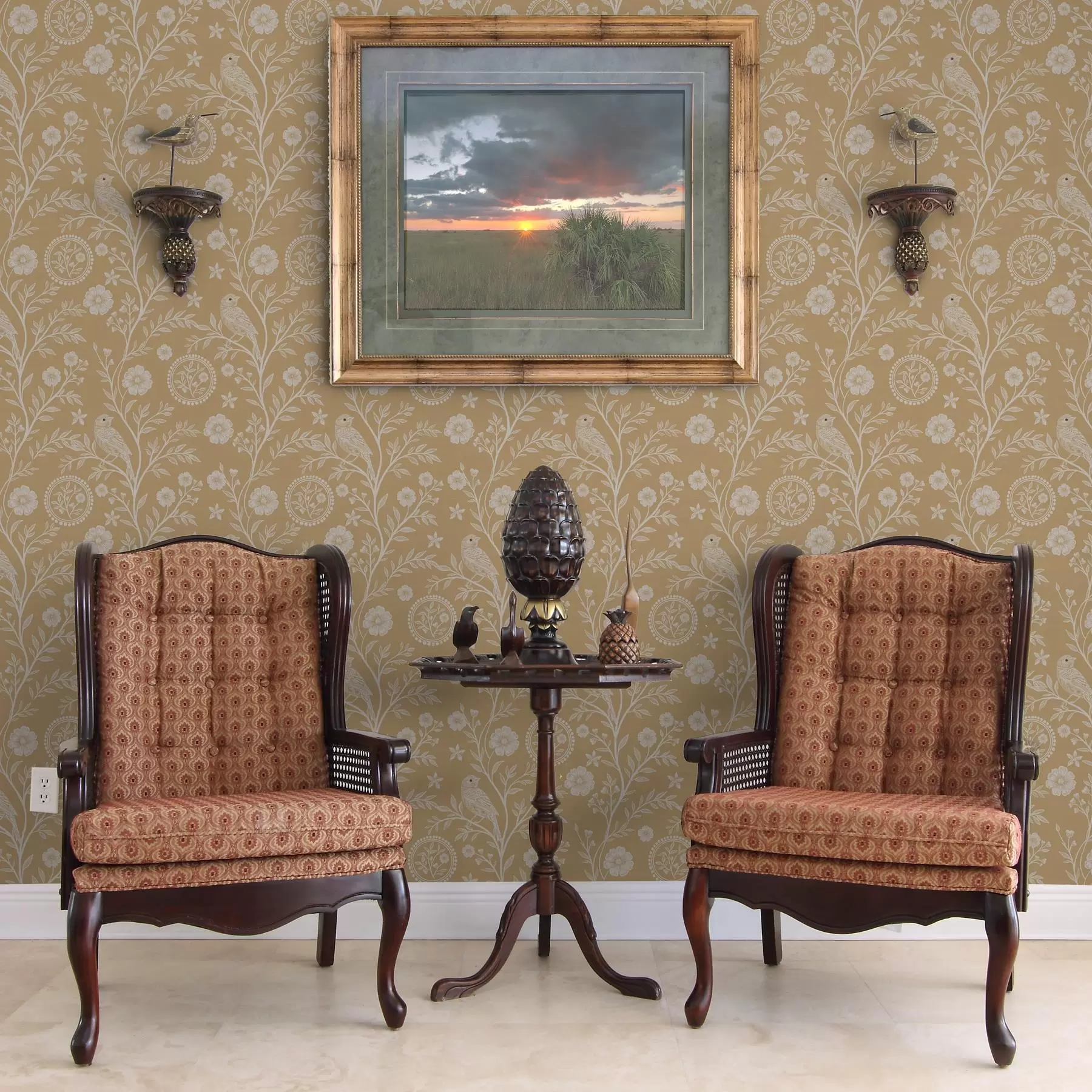 Fototapete Zarte Skizze eines weißen Vogels und einer Blume weißer Vogel und Blume auf ockerfarbenem Hintergrund a00393