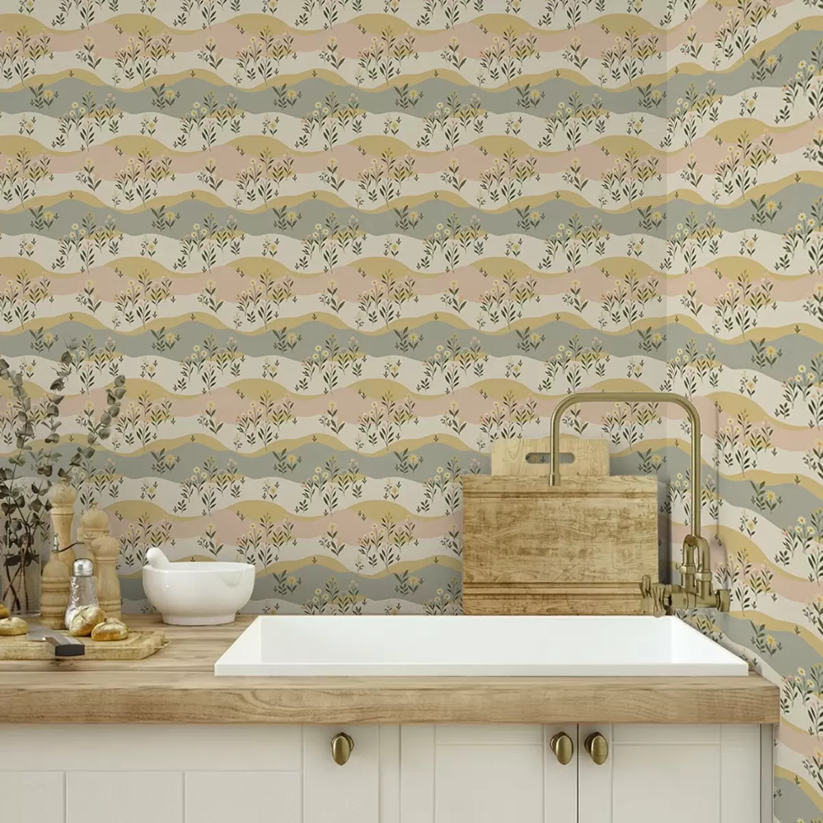 Tapete Gewellte Wiesenblumen in pastellfarbenem, minimalistischem Stil a00396