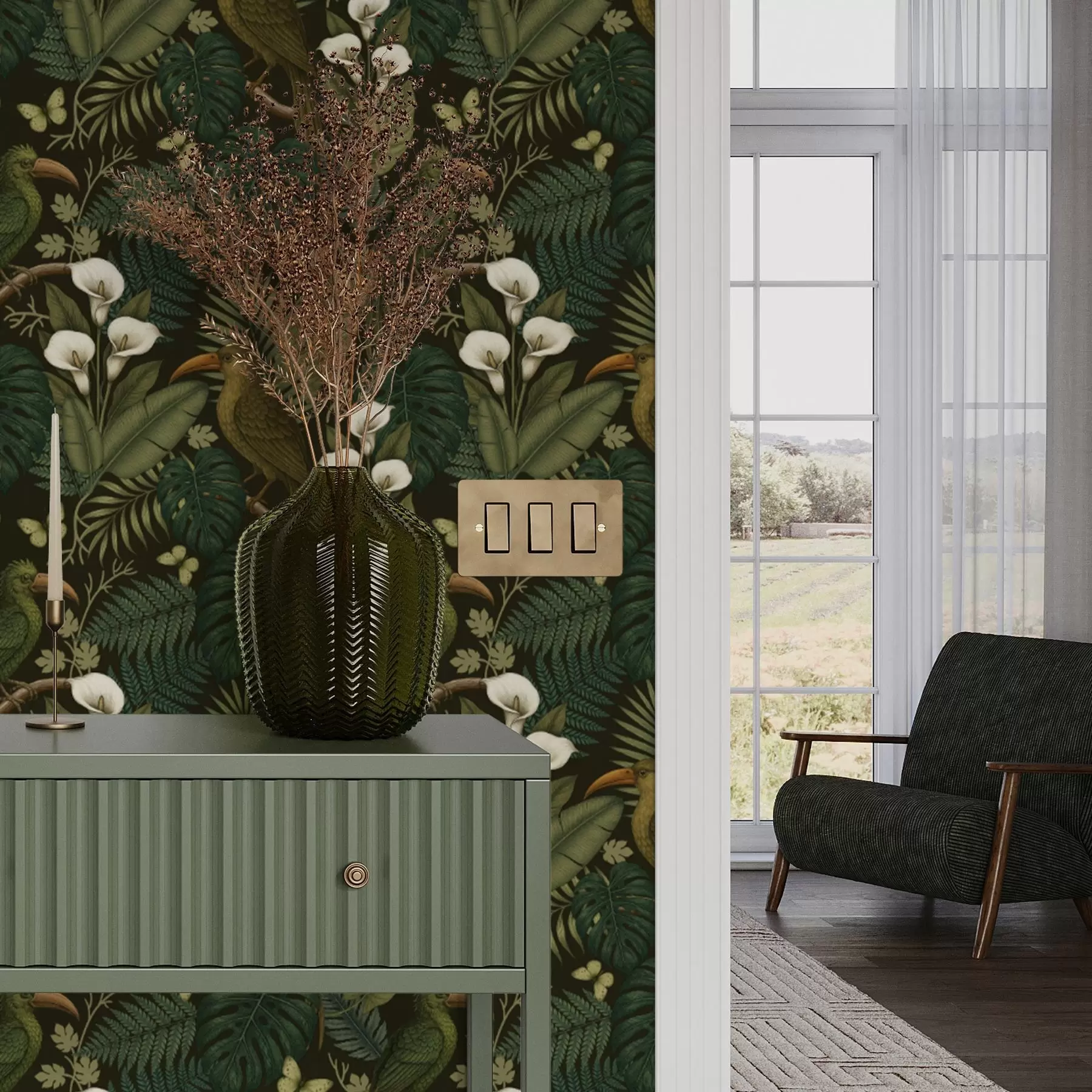 Fototapete Tropische Vögel und üppiges Grün auf dunklem Dschungel Hintergrund a00397