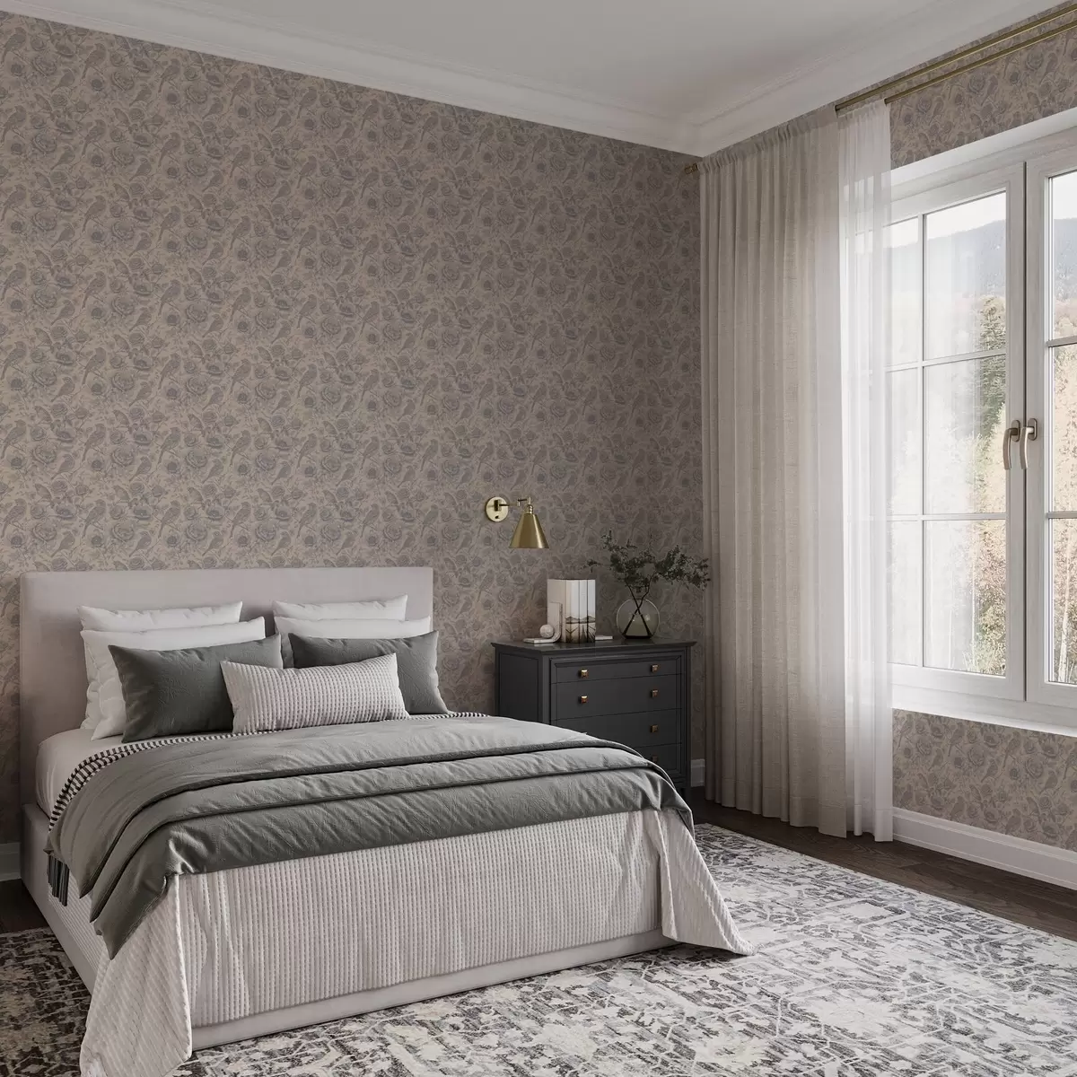 Tapete Vintage Vögel und Blumen auf einem weichen beige Hintergrund a00423