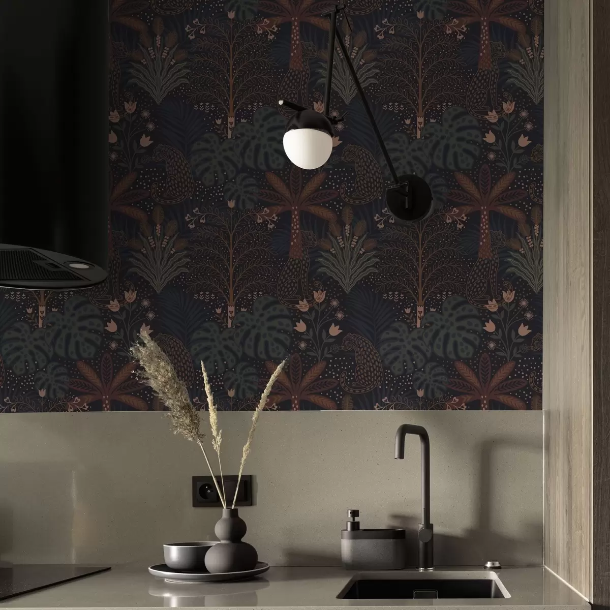 Tapete Dunkler Dschungel mit Leoparden, Palmen und Blumen a00424