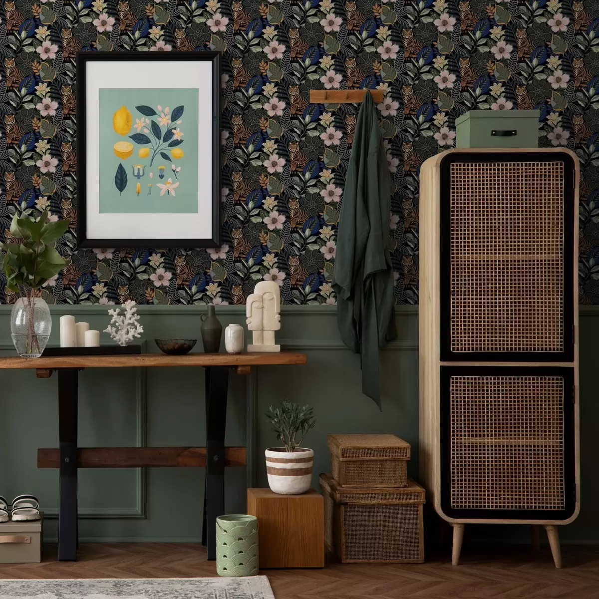 Tapete Tiger zwischen leuchtenden tropischen Blumen und Blättern a00426