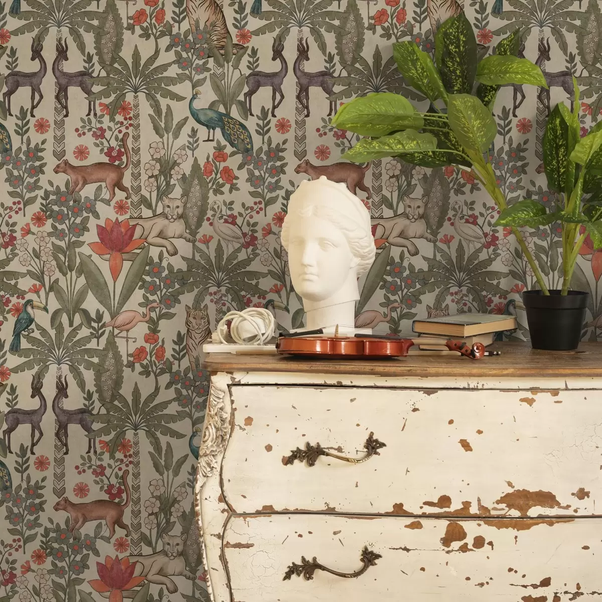 Tapete Retro-Stil: Tiere und Blumen auf einem Vintage-Hintergrund a00431