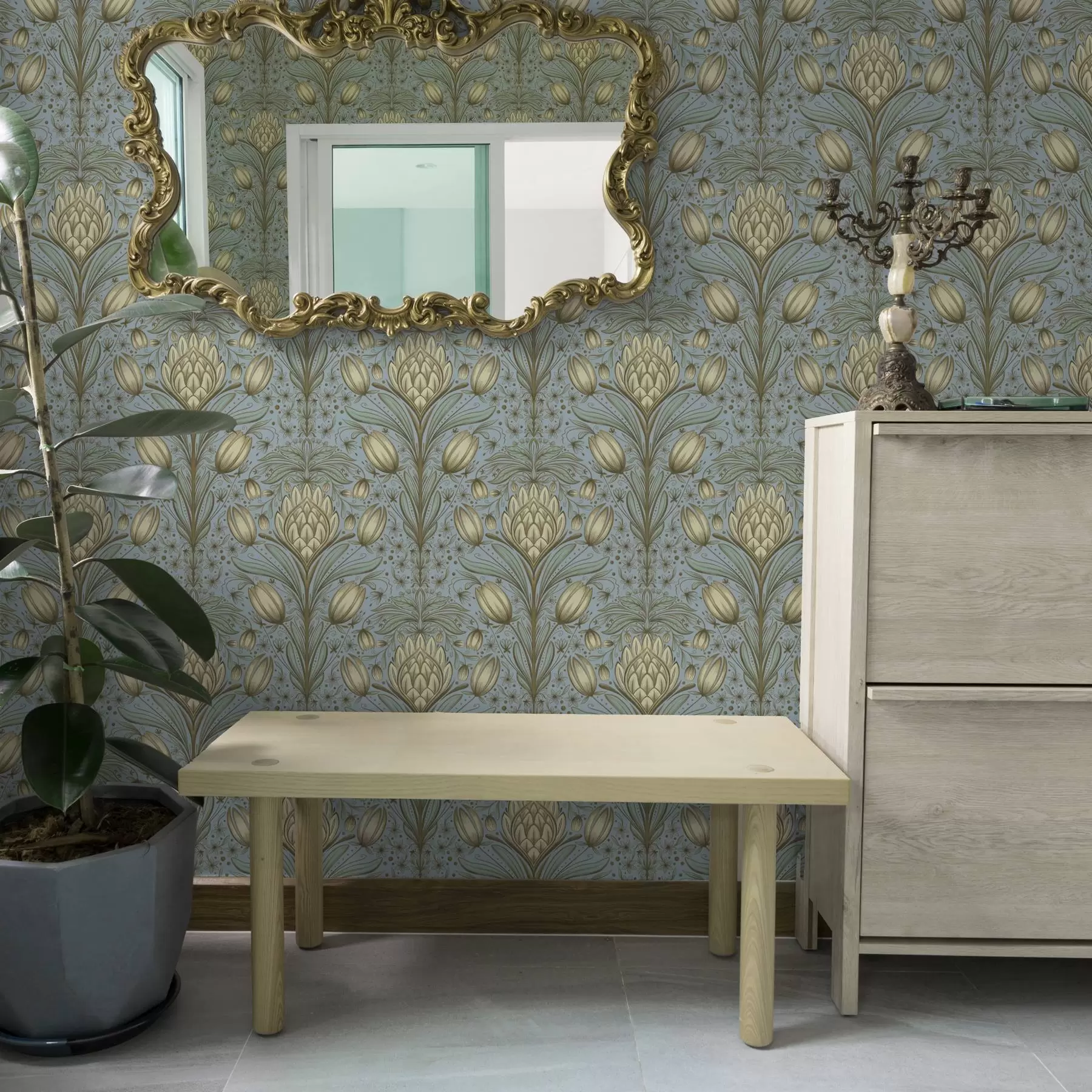 Fototapete Blaues Muster mit Artischocken und Tulpen a00435