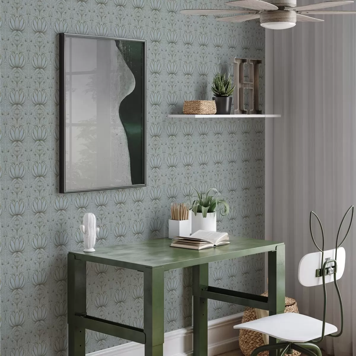 Tapete Lotus-Ornament in Türkis- und Gelbtönen a00439