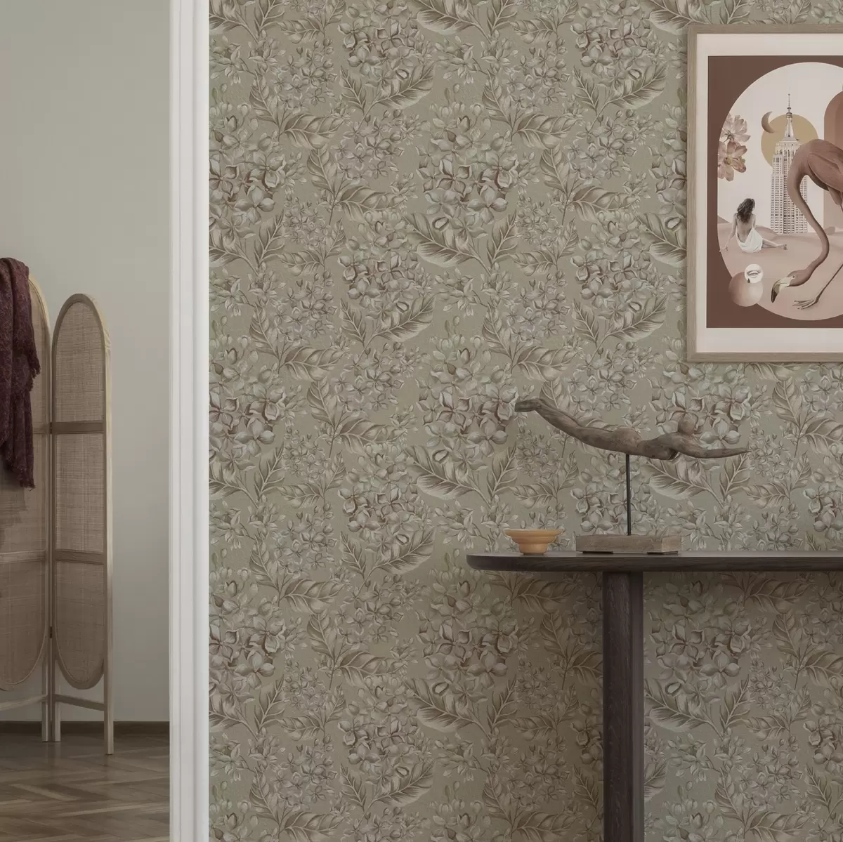 Tapete Beigefarbene Zweige mit weißen Blüten in warmen Farbtönen a00441