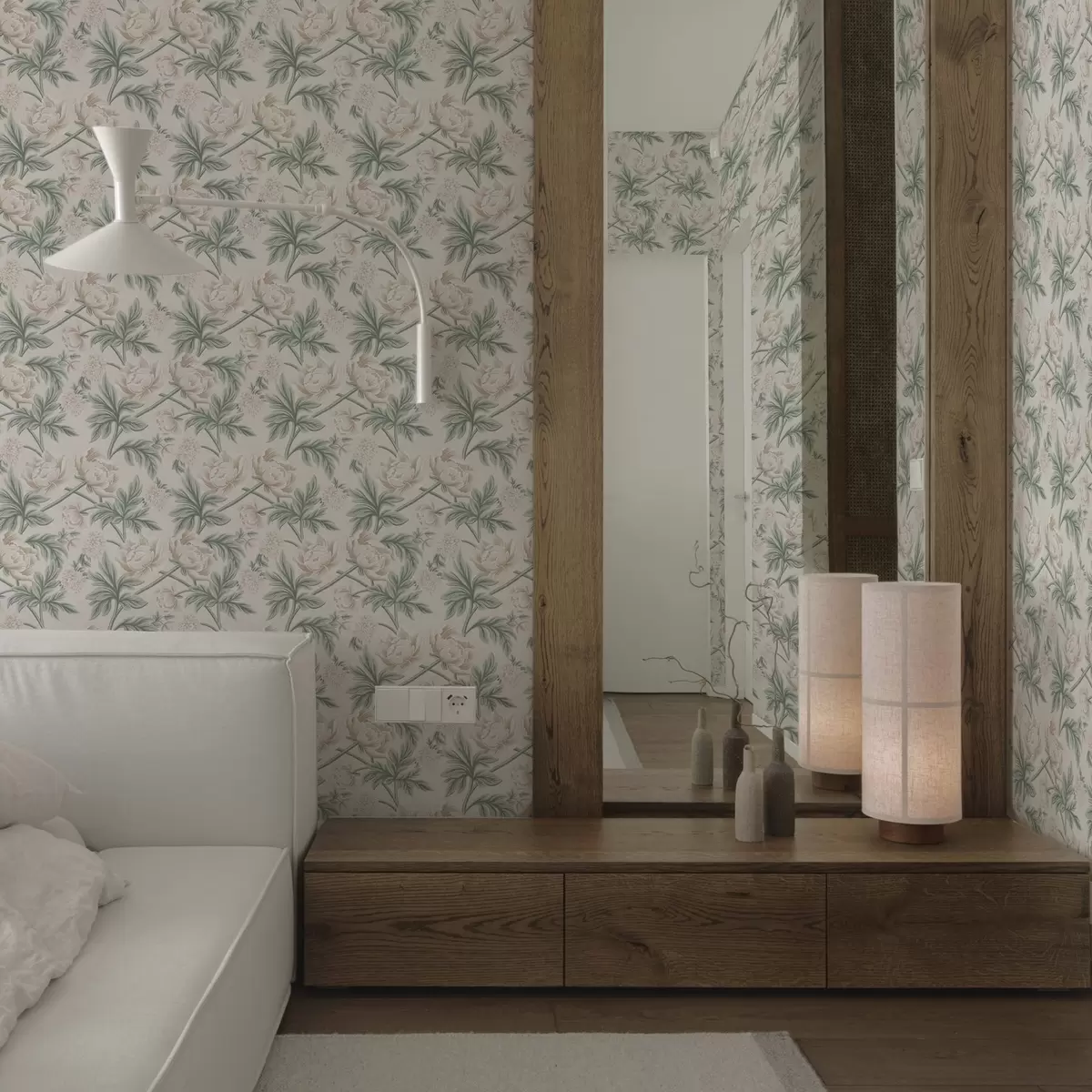 Tapete Üppige Pfingstrosen in hellem Beige und Grün Beige und Grün a00445