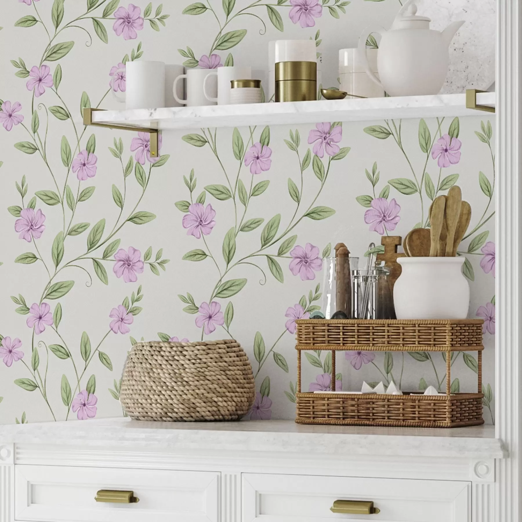 Fototapete Rosa Blumen mit grünen Ranken auf einem cremefarbenen Hintergrund a00453