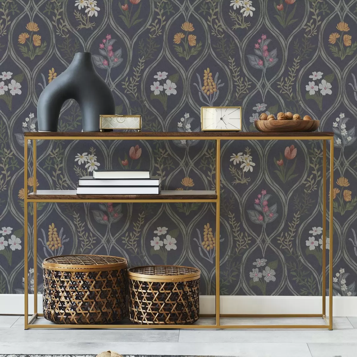 Tapete Dunkler Vintage-Rahmen mit bunten Gartenblumen a00454