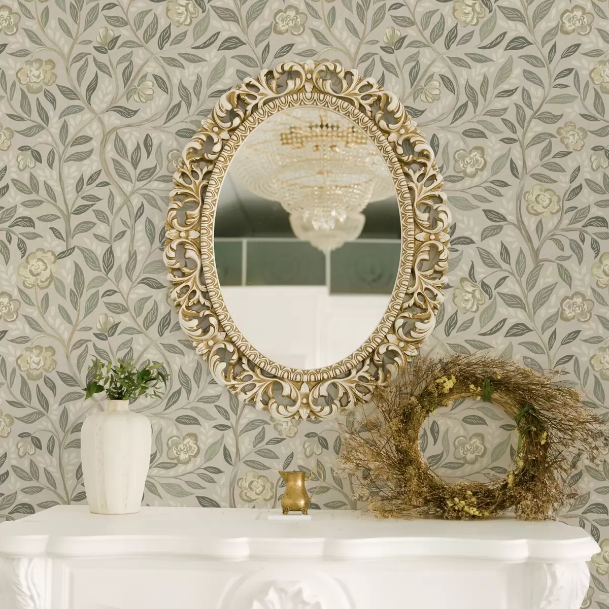 Tapete Cremefarbene Rosen und Olivenblätter auf staubigem rosa Hintergrund a00455