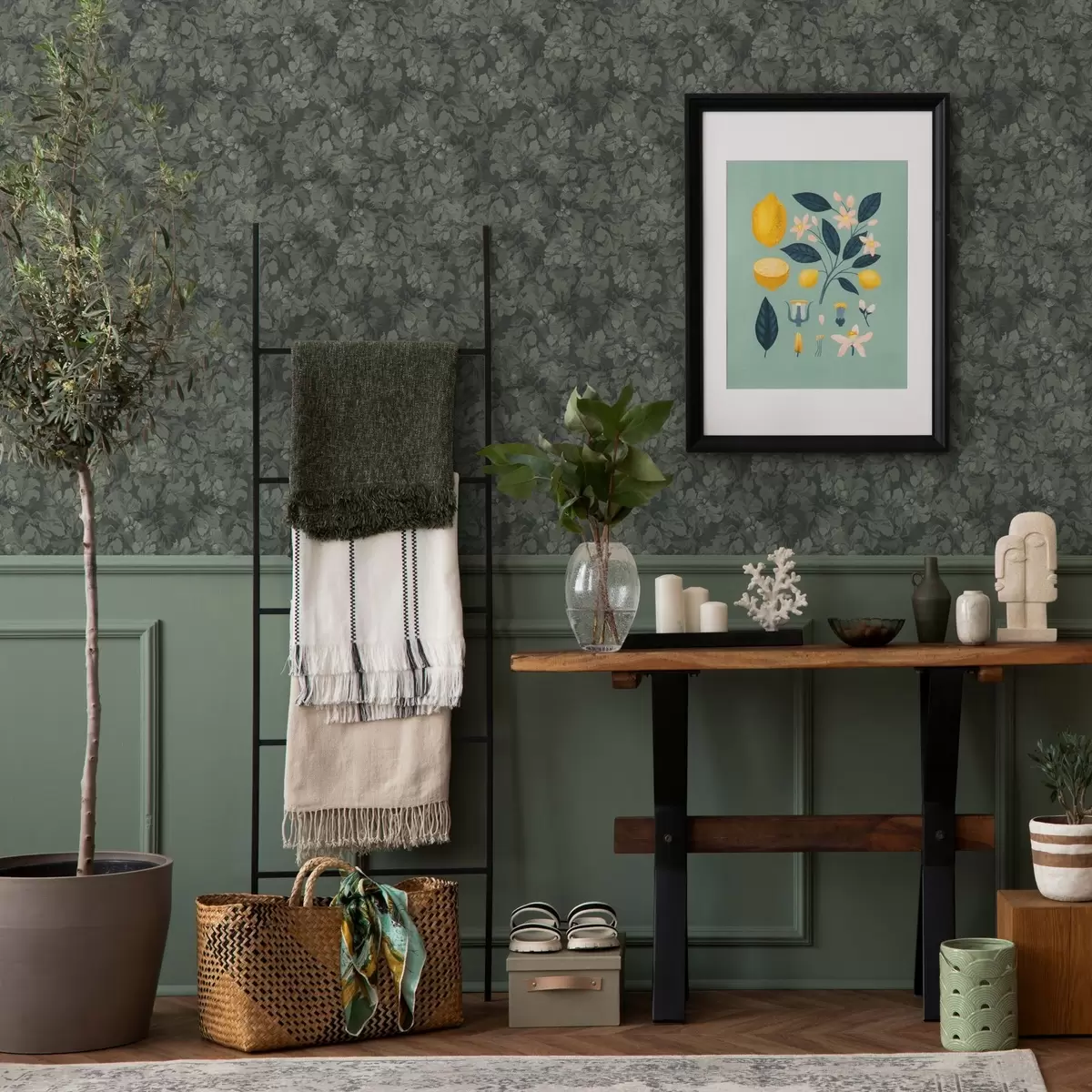 Tapete Dunkle Textur der Blätter mit Eicheln in tiefem Grün a00461