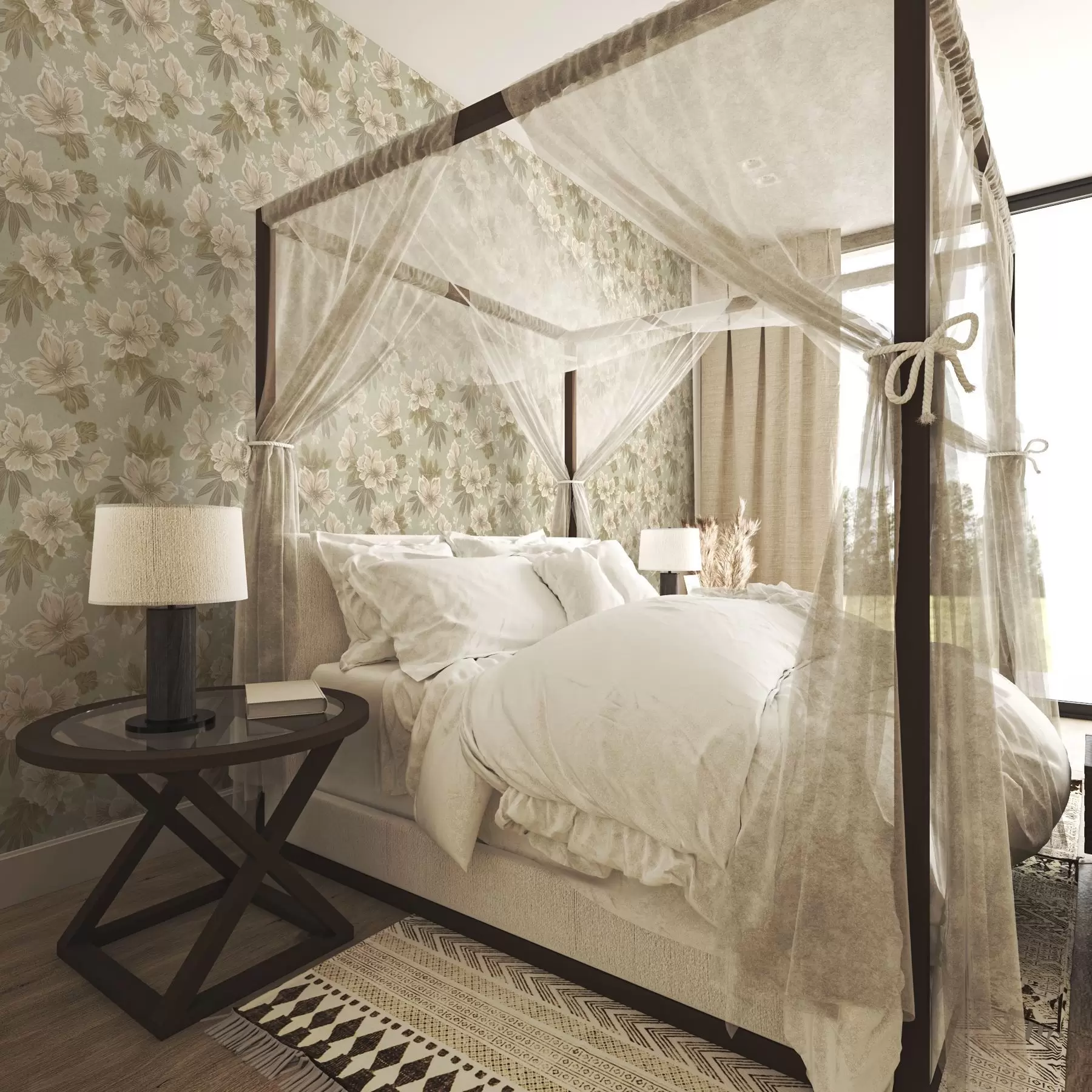 Fototapete Cremefarbene Blumen auf olivgrünem Hintergrund a00462