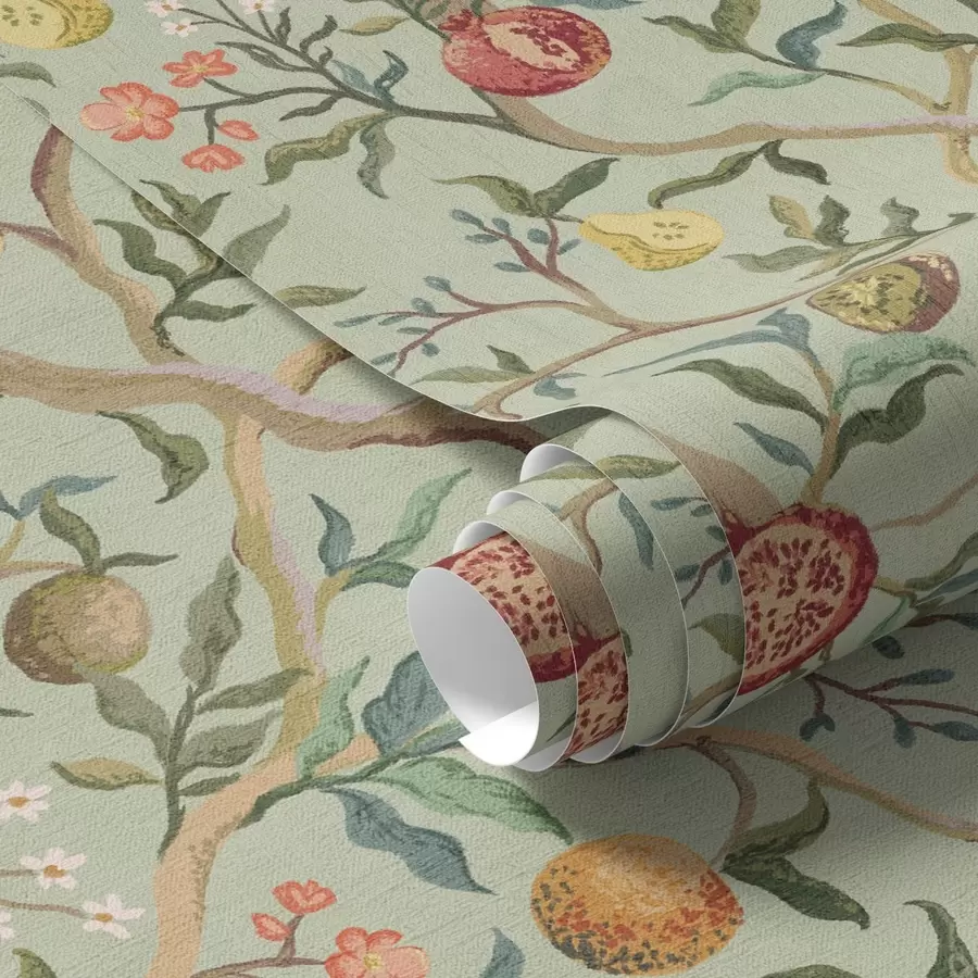 Fototapete Granatapfelfrüchte, Birnen und Blumen auf einem blassgrünen Hintergrund a00465