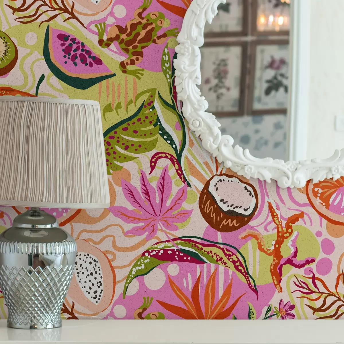 Tapete Exotische Früchte, Blätter und Chamäleons in einem tropischen Stil a00469