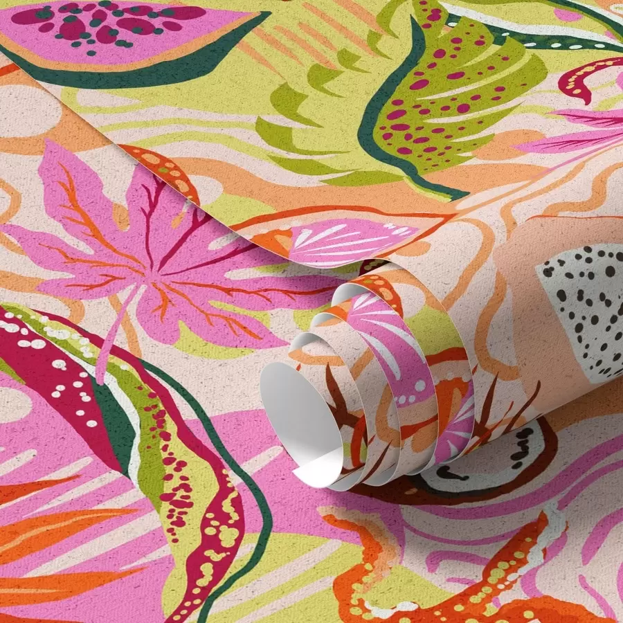 Fototapete Exotische Früchte, Blätter und Chamäleons in einem tropischen Stil a00469