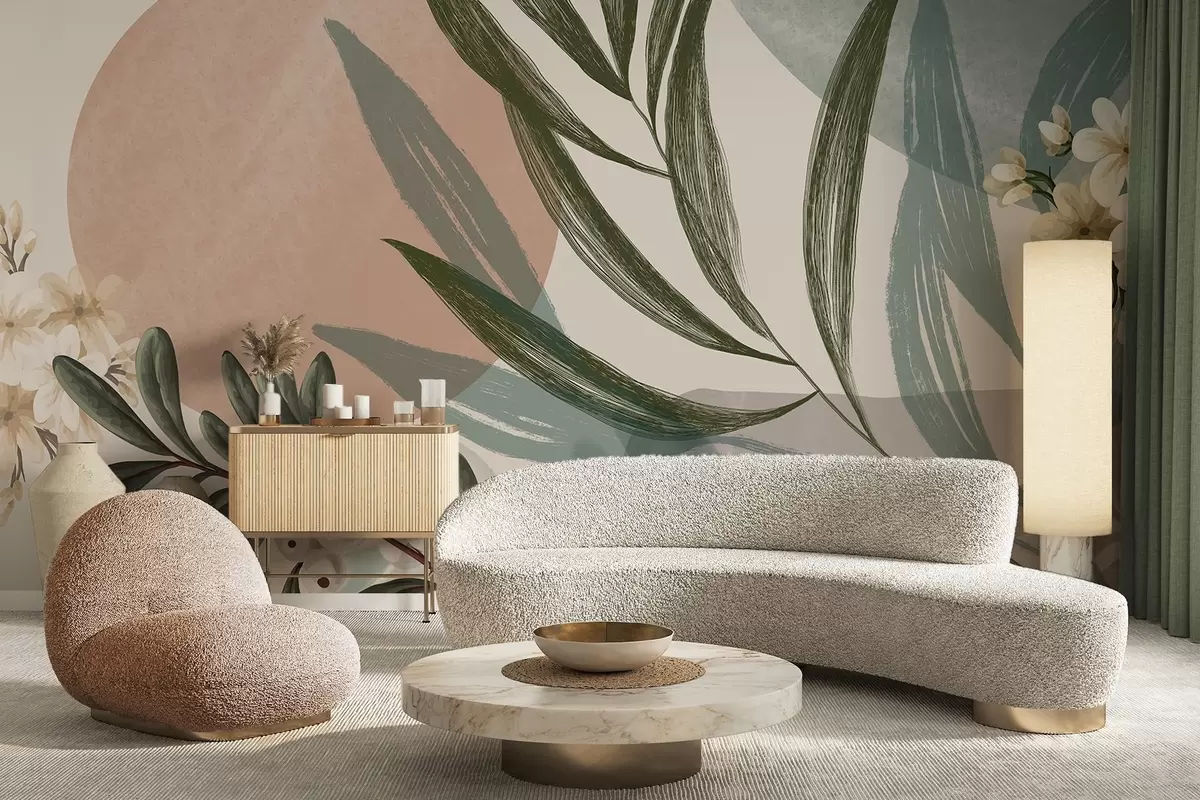 Fototapete Abstrakte botanische Kunst mit grünen Palmenblättern und weißen Beeren vor einem Hintergrund aus Formen in gedämpften Erdtönen w09312
