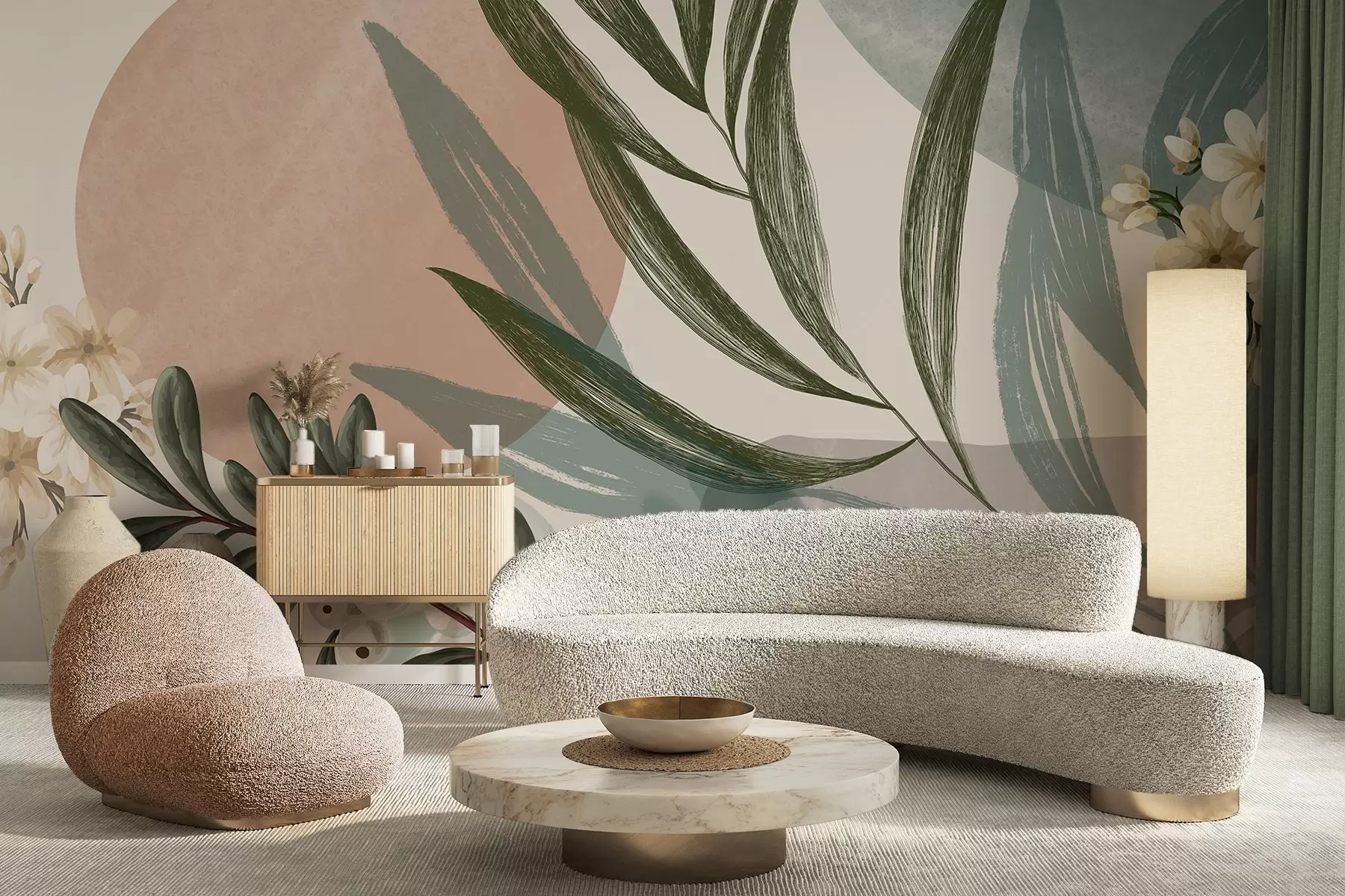 Fototapete Abstrakte botanische Kunst mit grünen Palmenblättern und weißen Beeren vor einem Hintergrund aus Formen in gedämpften Erdtönen w09312