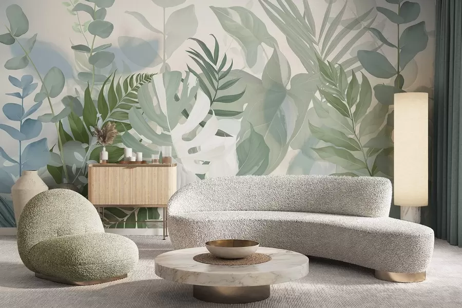 Fototapete Pastellgrüne Pflanzen Farne, monstera und Eukalyptus, Licht strukturierten Hintergrund, weiche Beleuchtung, friedlich, botanische Illustration w09316