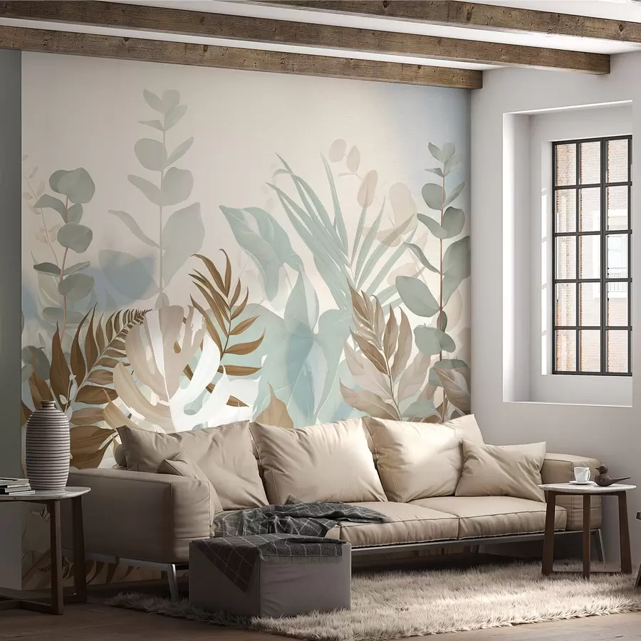 Fototapete Pastell Pflanzen Farne, Monstera und Eukalyptus, Licht strukturierten Hintergrund, weiche Beleuchtung, friedlich, botanische Illustration w09316v1