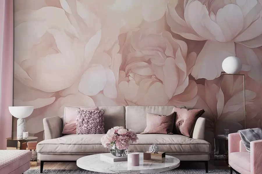 Fototapete Helle, pastellrosa Pfingstrosen mit weichen, strukturierten, zarten Blütenblättern, die dicht aneinandergereiht eine dichte Blumenkunst ergeben, sanfte Beleuchtung w09319