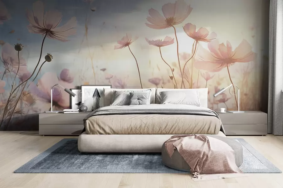 Fototapete Ein Feld mit rosafarbenen, strukturierten Blumen mit langen Stielen vor einem zartblauen und gelben Himmel, das eine verträumte Atmosphäre schafft w09320