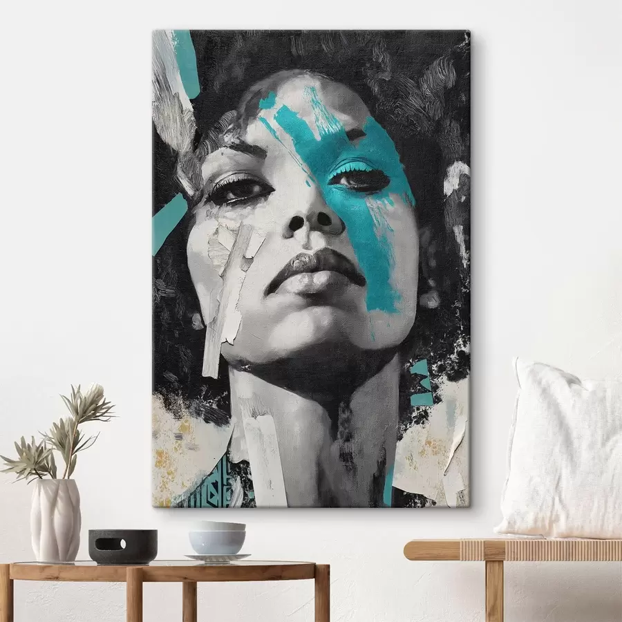 Wandbilder Mixed Media Portrait mit Fragmenten von Farbstrichen und Texturen s45416