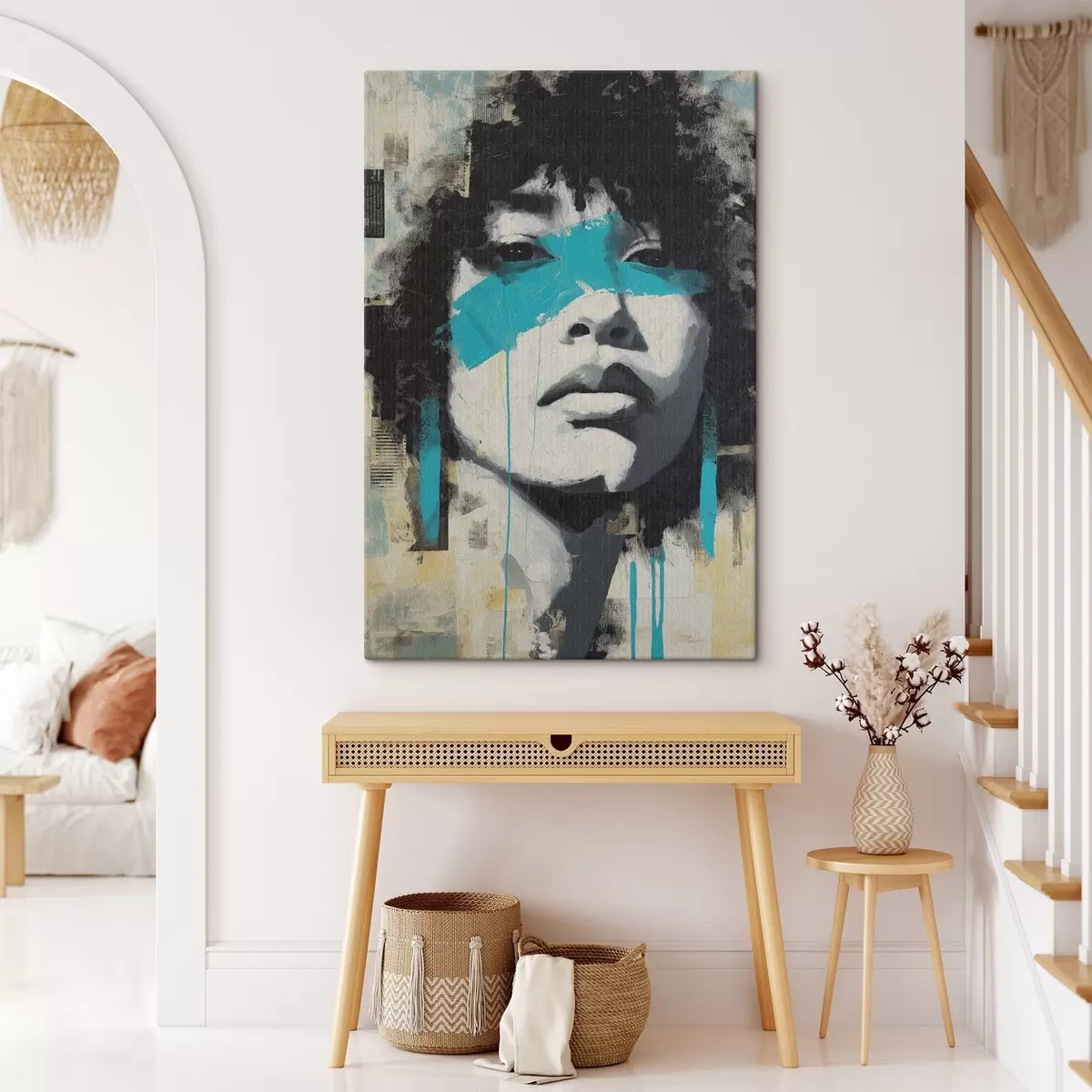 Wandbilder Mixed Media Portrait mit Fragmenten von Farbstrichen und Texturen s45417