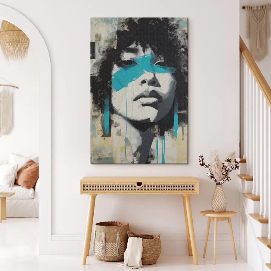 Wandbilder Mixed Media Portrait mit Fragmenten von Farbstrichen und Texturen s45417