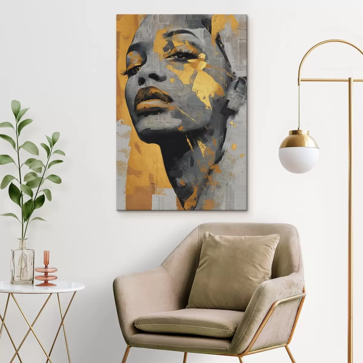 Wandbilder Gemischtes Medienporträt mit Zeitungsfragmenten und dekorativen Pinselstrichen s45419