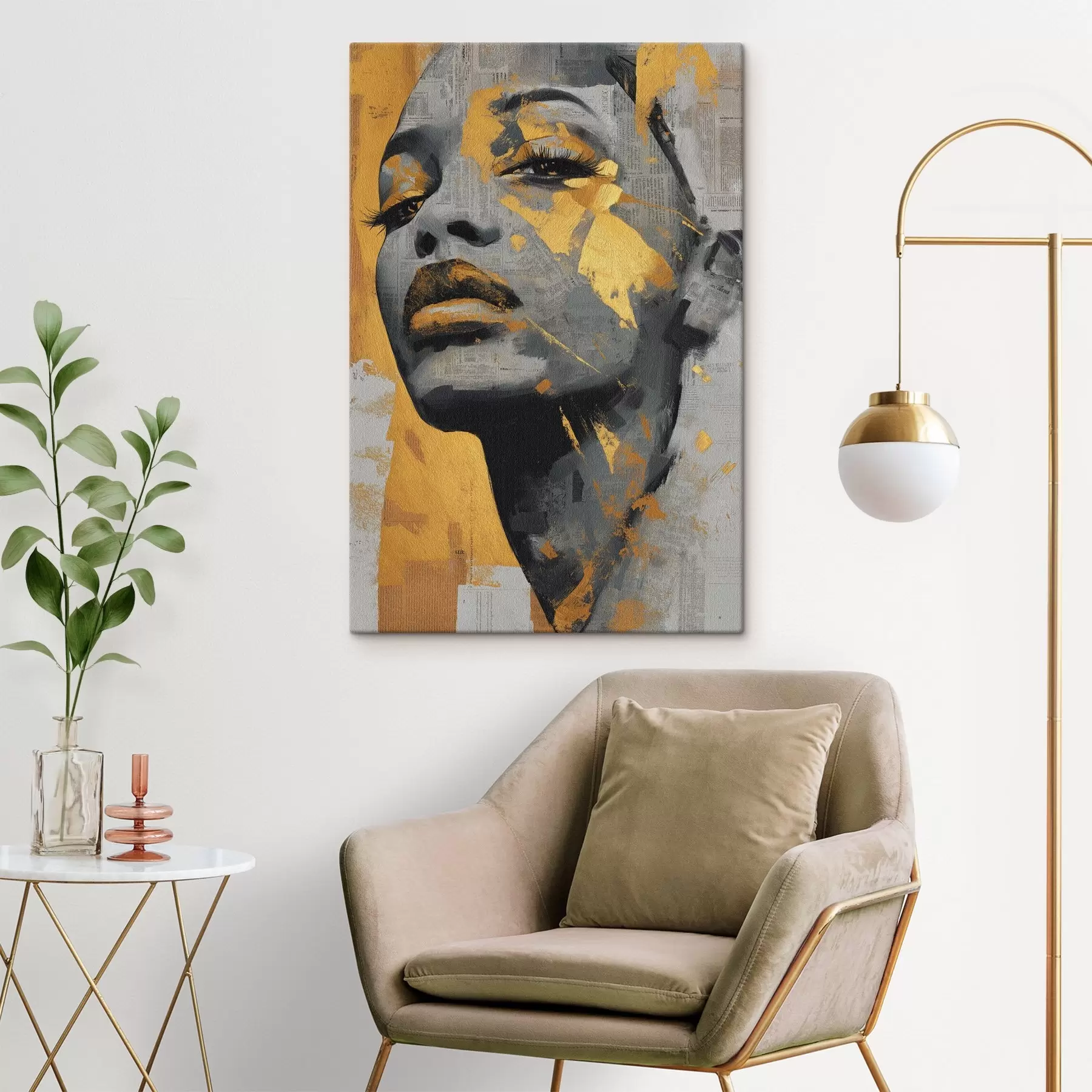 Wandbilder Gemischtes Medienporträt mit Zeitungsfragmenten und dekorativen Pinselstrichen s45419