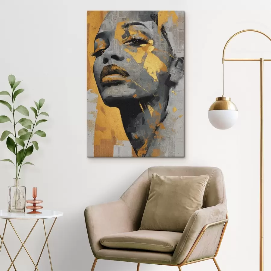 Wandbilder Gemischtes Medienporträt mit Zeitungsfragmenten und dekorativen Pinselstrichen s45419