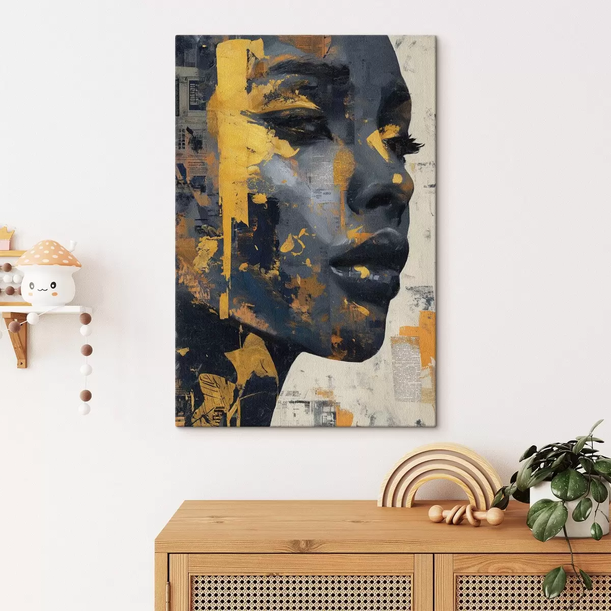 Wandbilder Gemischtes Medienporträt mit Zeitungsfragmenten und dekorativen Pinselstrichen s45420