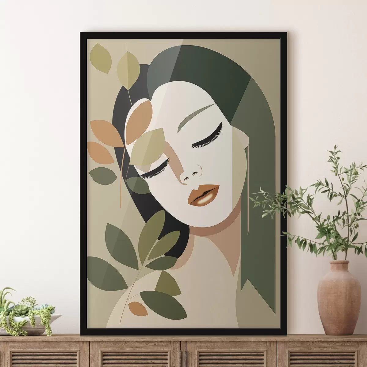 Poster Mädchen mit Blättern f45388