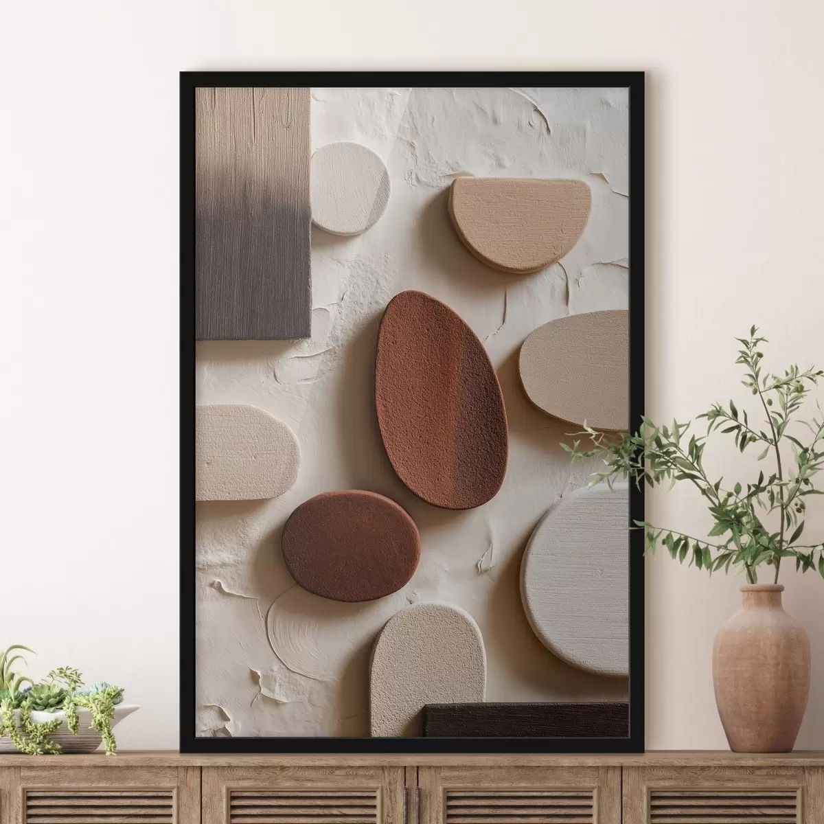 Poster Abstrakte Komposition mit dreidimensionalen geometrischen Formen auf einem Reliefhintergrund f45409