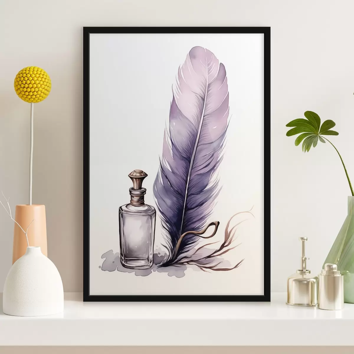 Poster Aquarell-Illustration einer Feder und eines Tintenfasses aus Glas f45410