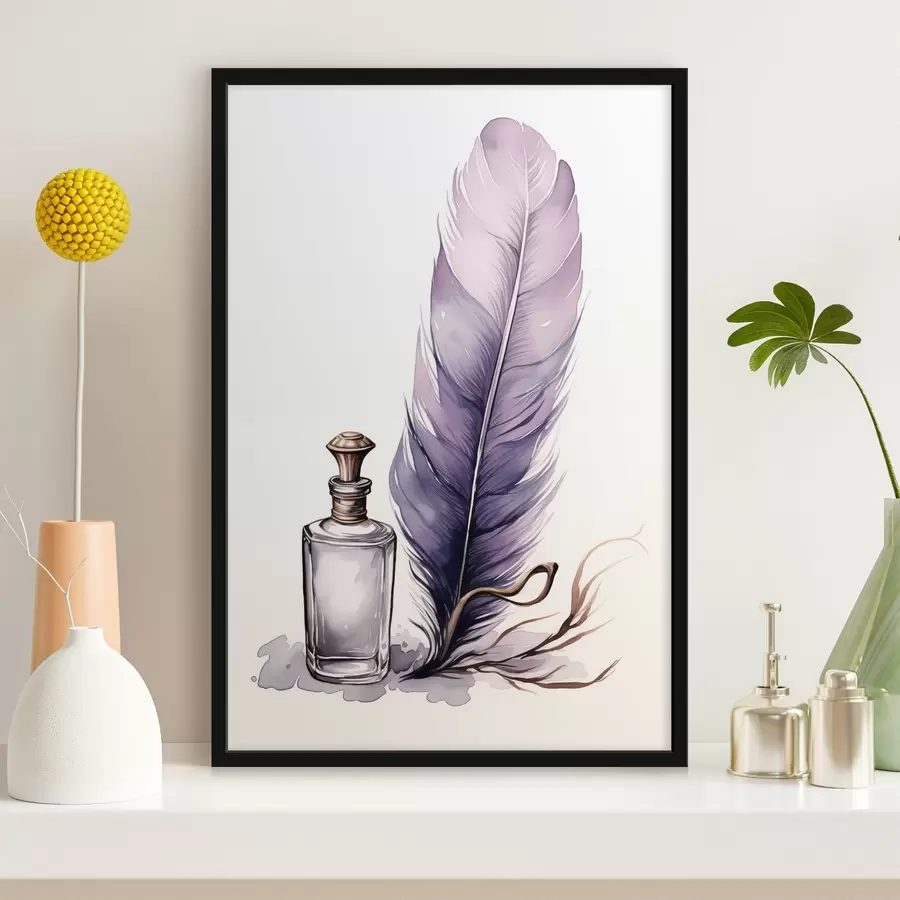 Fototapete Aquarell-Illustration einer Feder und eines Tintenfasses aus Glas f45410