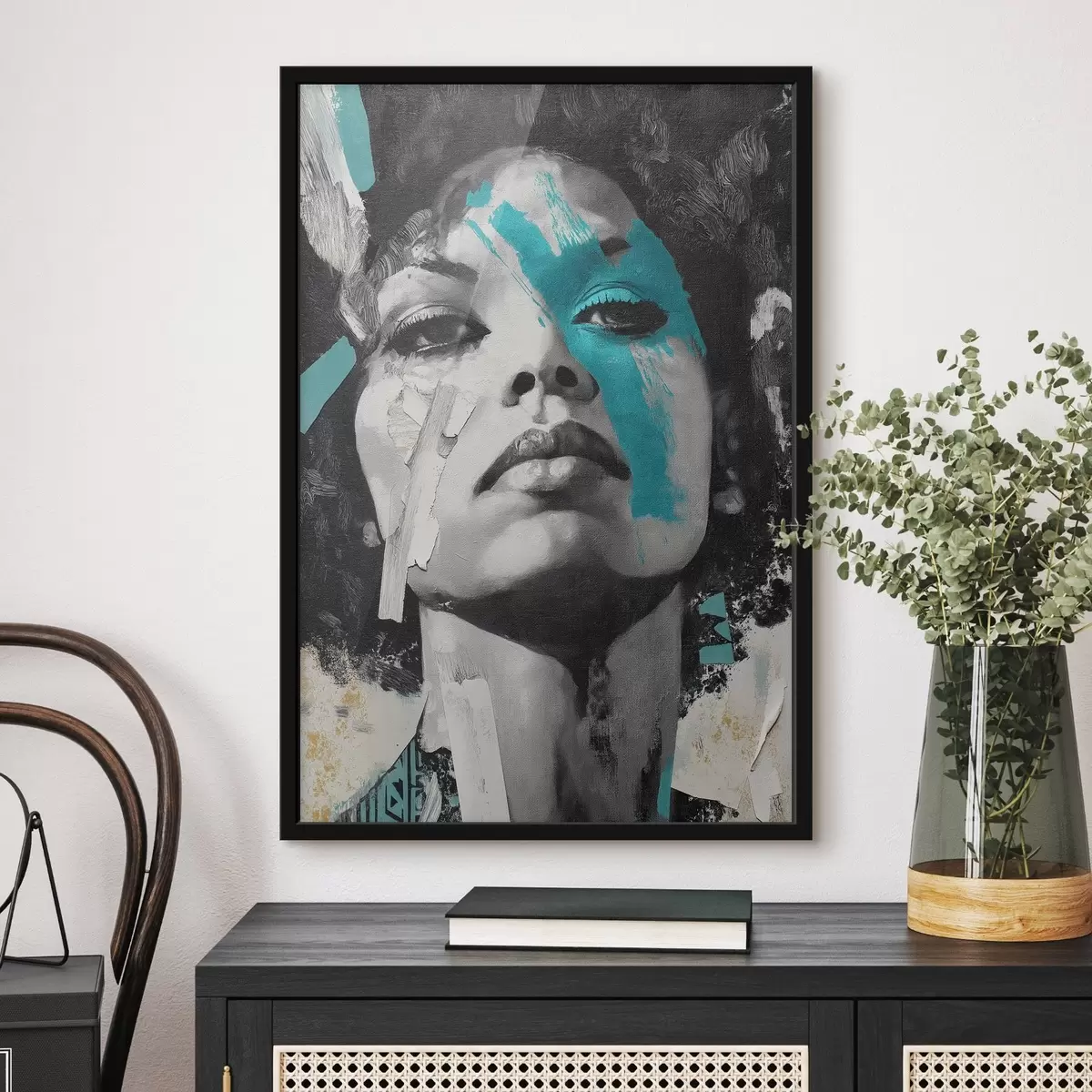 Poster Mixed Media Portrait mit Fragmenten von Farbstrichen und Texturen f45416