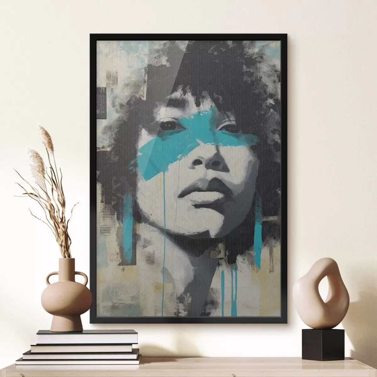 Poster Mixed Media Portrait mit Fragmenten von Farbstrichen und Texturen f45417