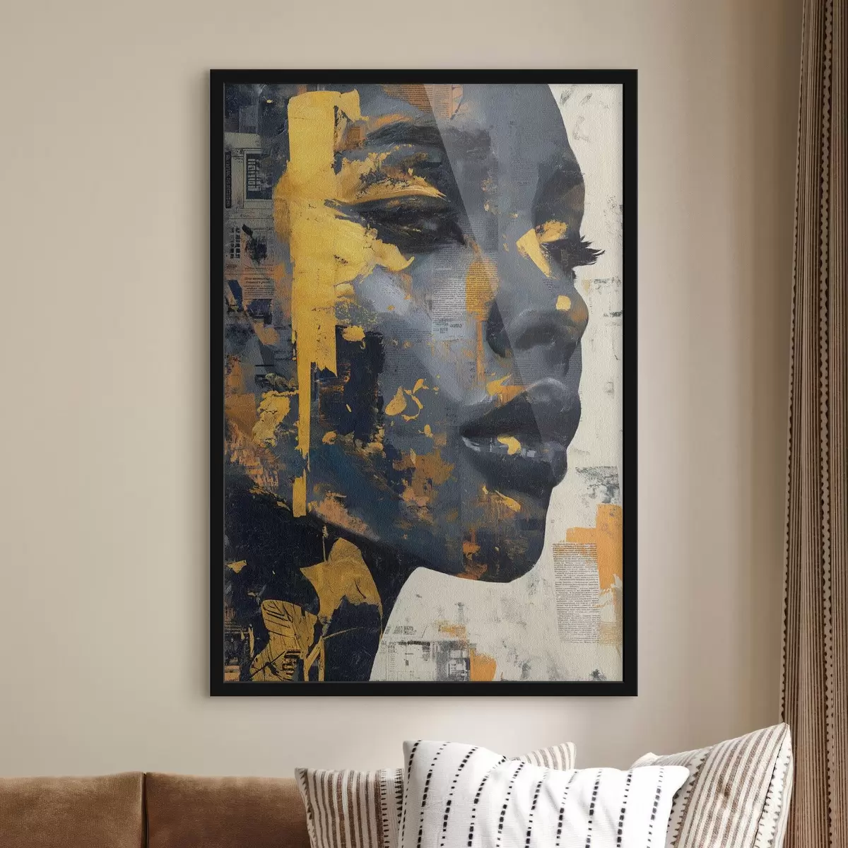 Poster Gemischtes Medienporträt mit Zeitungsfragmenten und dekorativen Pinselstrichen f45420