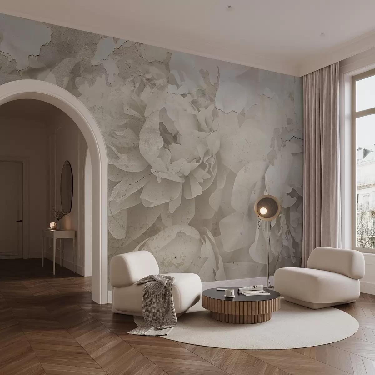 Fototapete Pfingstrosen mit Betontextur w04407