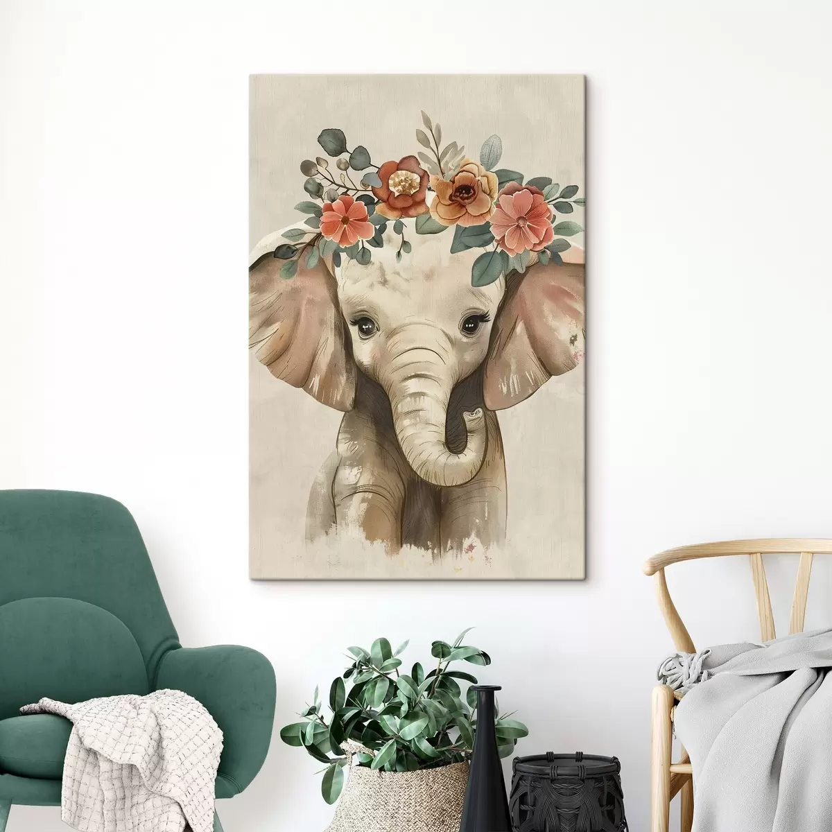 Wandbilder Niedlicher Aquarell-Elefant mit Blumen s45330