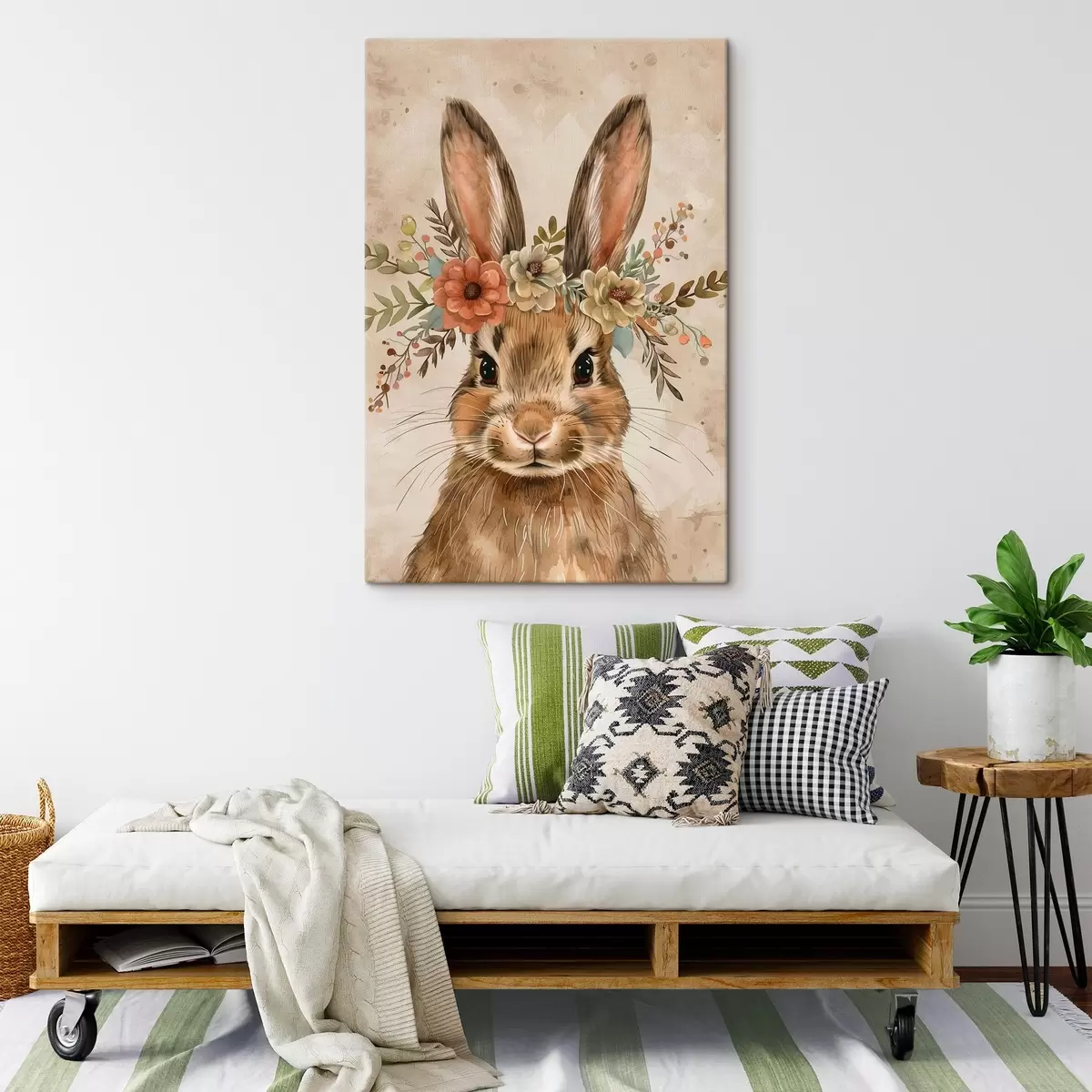 Wandbilder Niedlicher Hase mit Blumen im Aquarellstil s45332