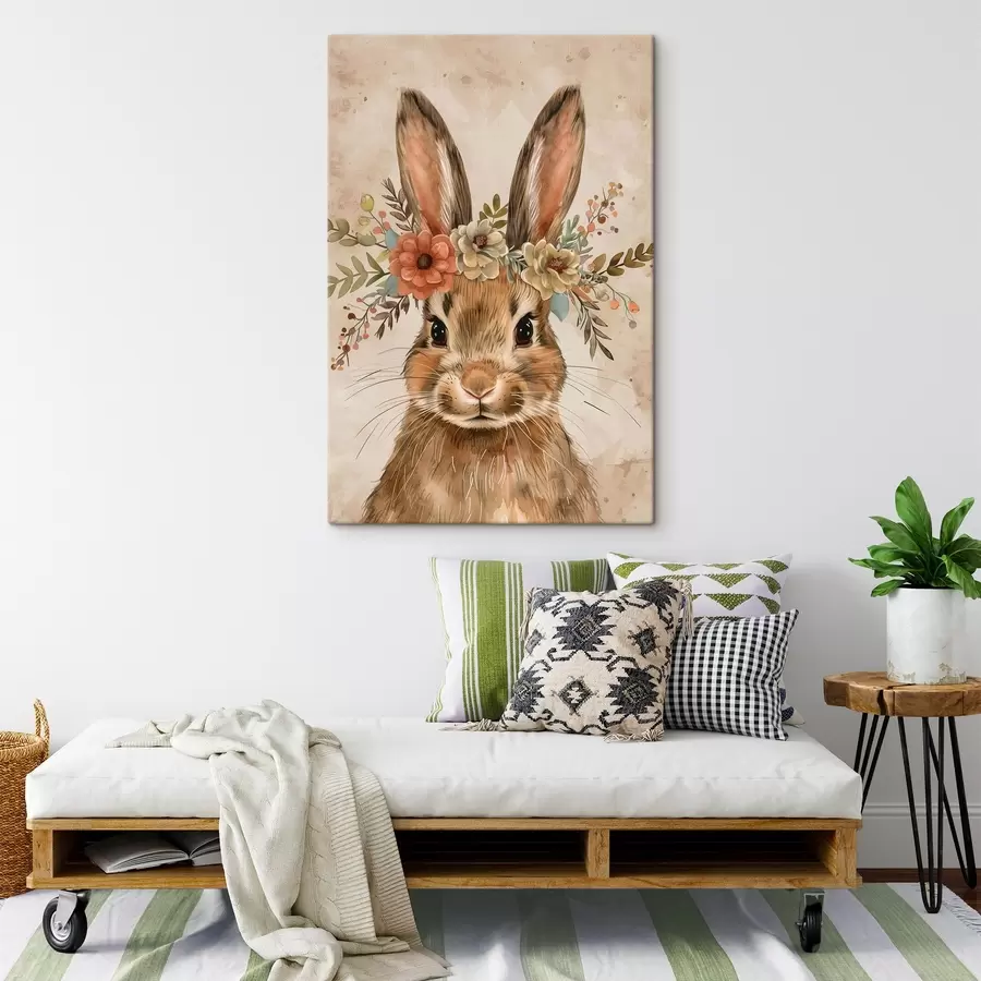 Wandbilder Niedlicher Hase mit Blumen im Aquarellstil s45332