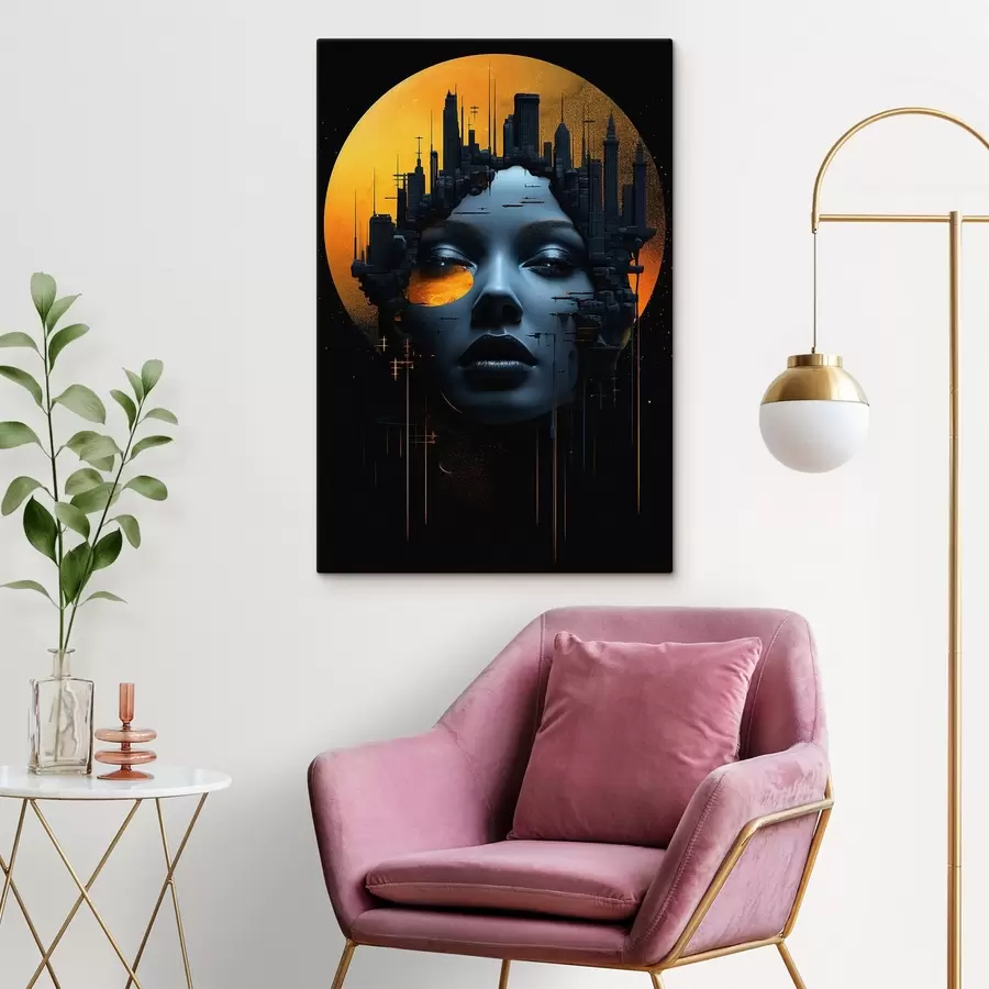 Wandbilder Menschen, Mädchengesicht auf einem Stadthintergrund, abstrakt s45341